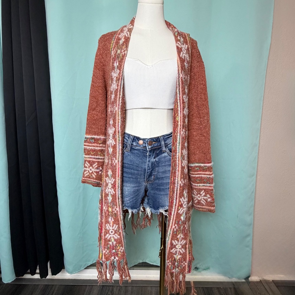 Boho Fuzzy Fair Isle Cardigan Sweater S/M Fringe Cozy Indie Sleaze Grannycore
